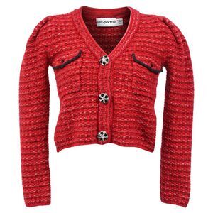 Self-Portrait Floral Diamante Button Mélange Knit Cardigan In Red Wool